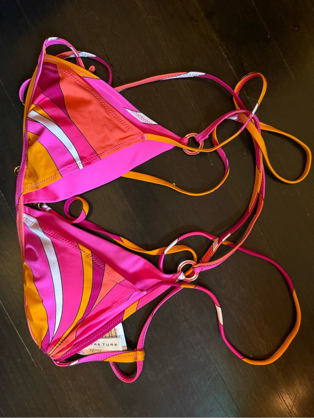 Trina Turk Pink & Orange Printed Triangle Bikini Top with Ring Detail